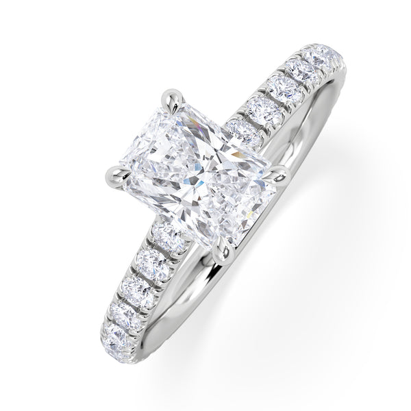Amora Radiant 1.00ct Hidden Halo Lab Diamond Engagement Ring With Side Stones Set in 18K White Gold